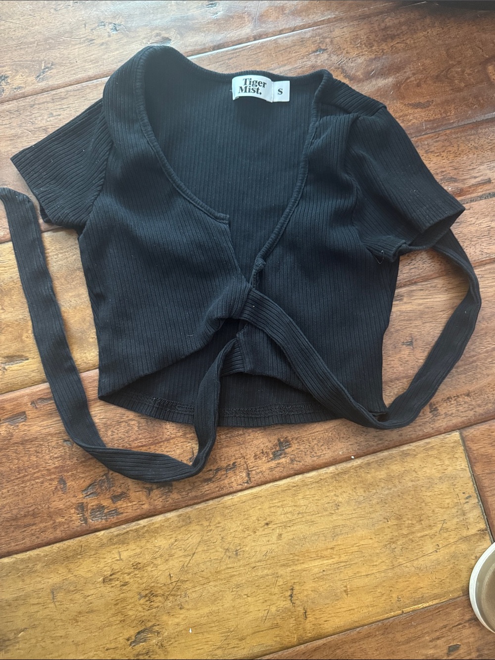 Tiger Mist Black Ribbed Wrap-Tie Crop Top
